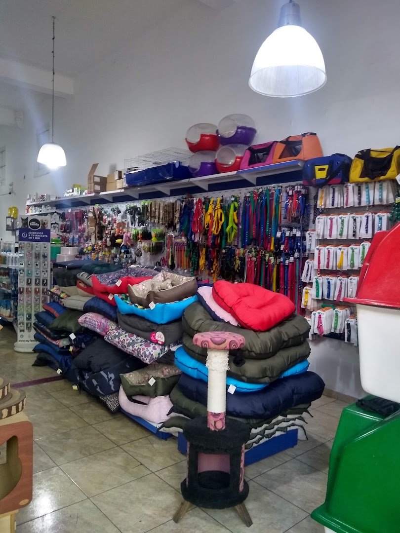 Interior del pet shop con camas, cuchas, correas y accesorios para mascotas